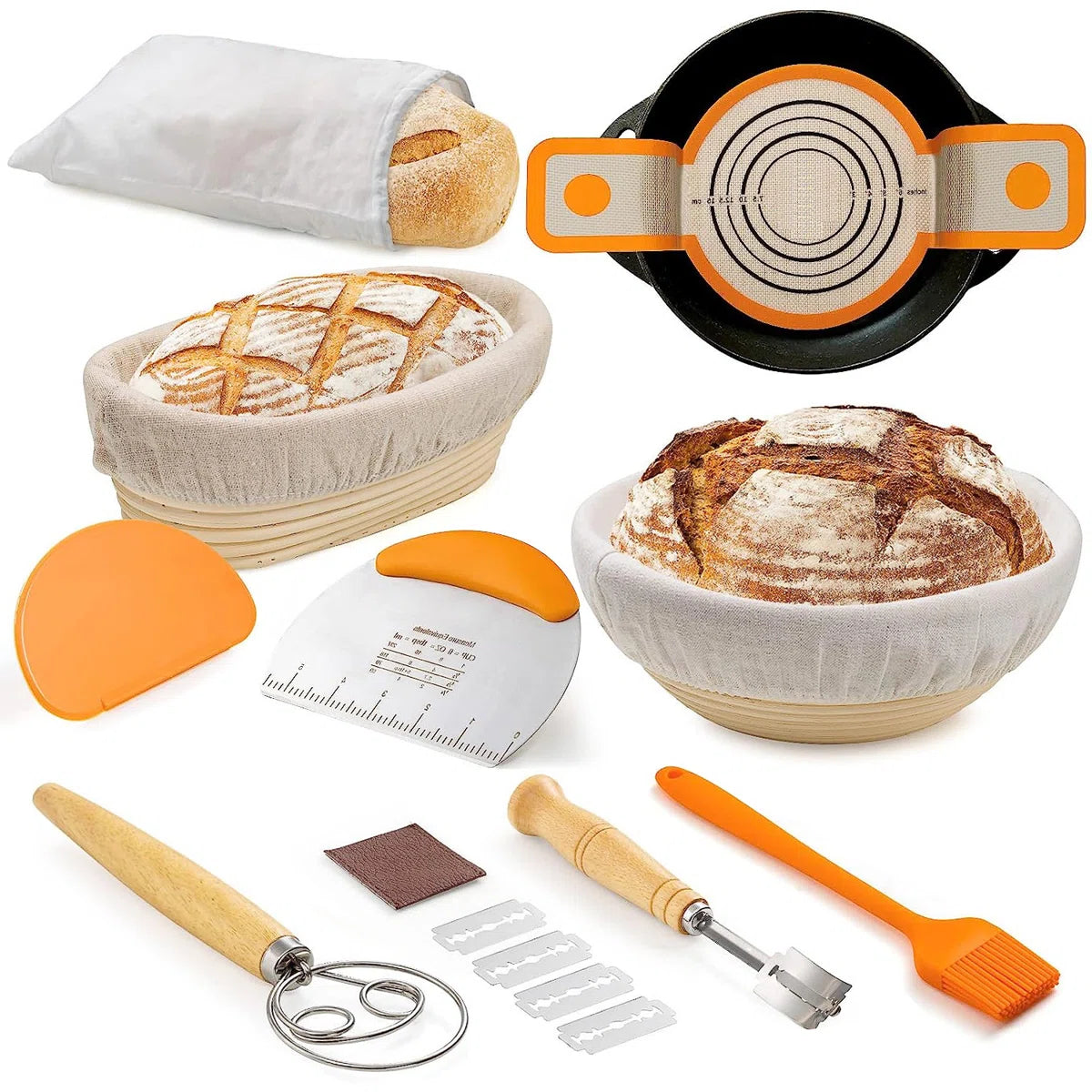 Bread Proofing 14 - Piece Set: 10" Oval & 9" Round with Liners, Dough Whisk, Lame, Scrapers & Sling