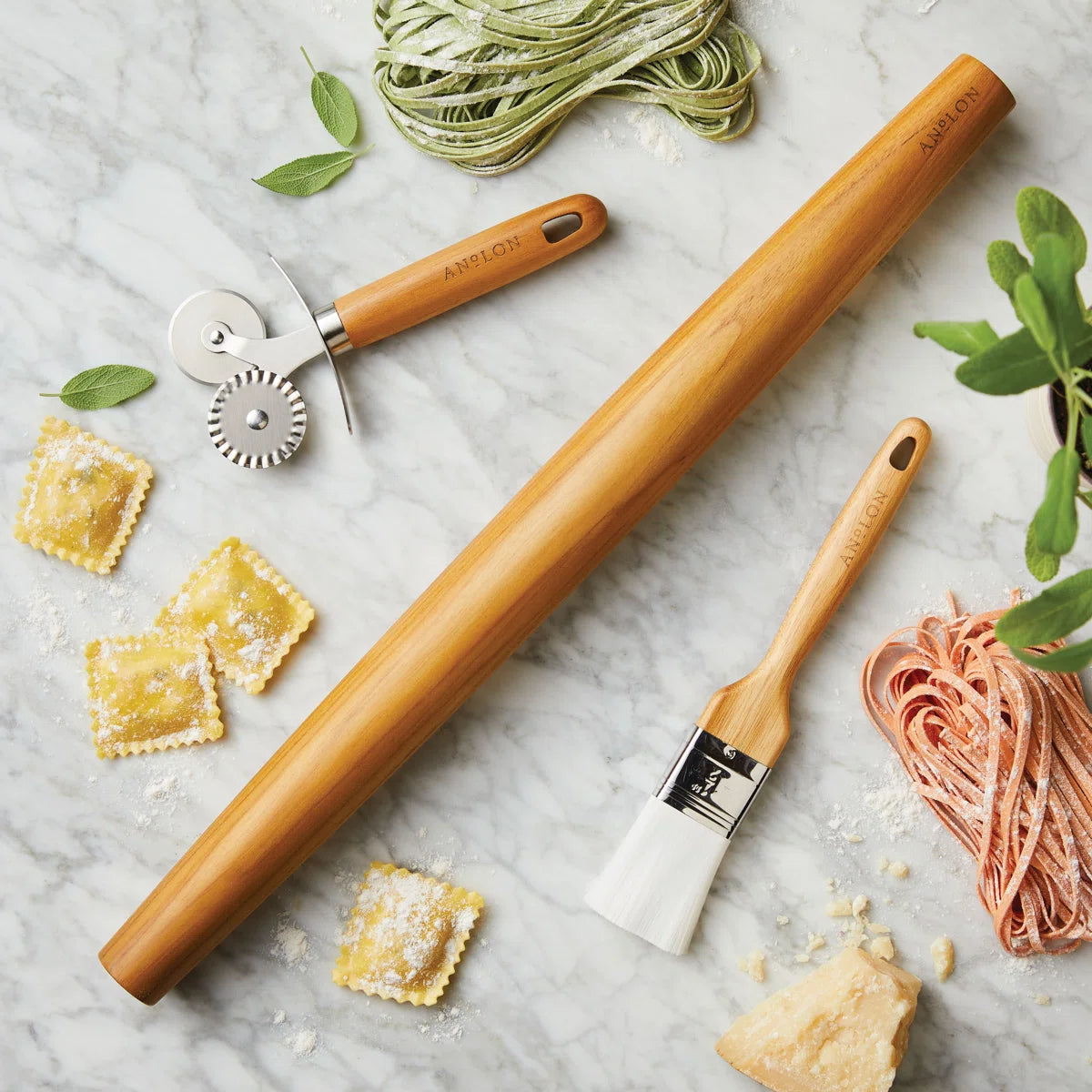 Tools and Gadgets 3-Piece Prep Set Pastry Wheel Cutter, Pastry Brush, 19" French Rolling Pin